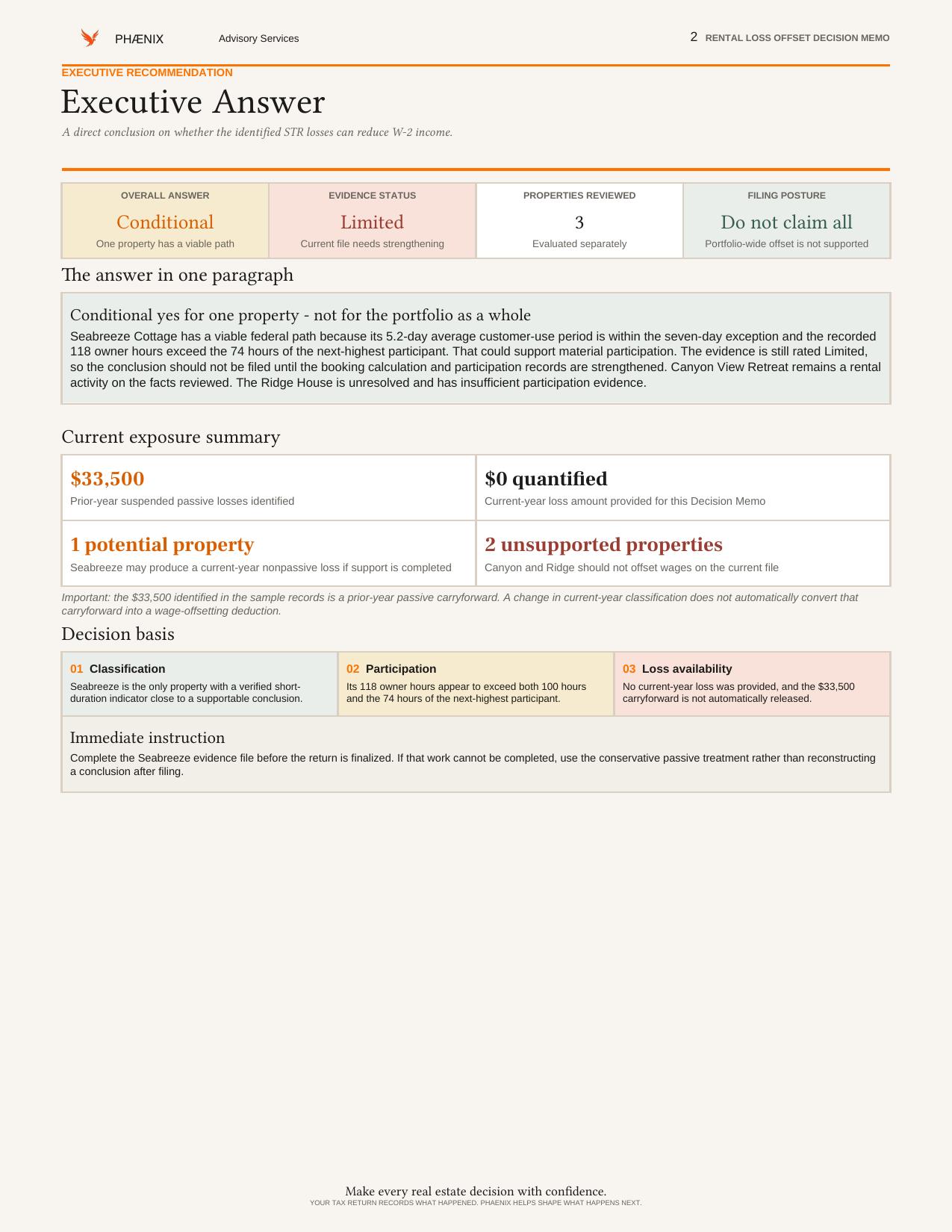 Illustrative executive recommendation page